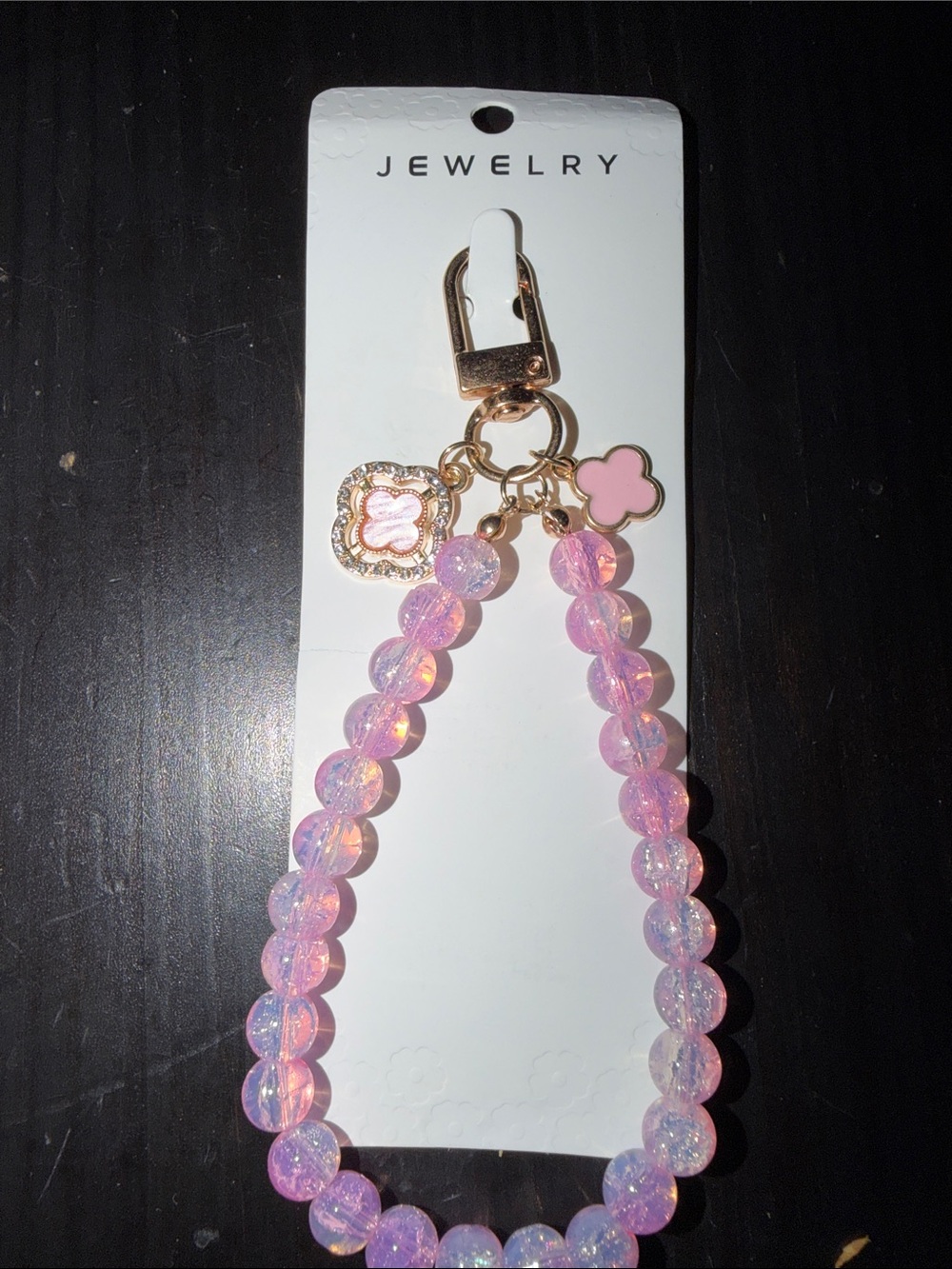 Pink Beaded Keychain Wristlet with Gold Accents